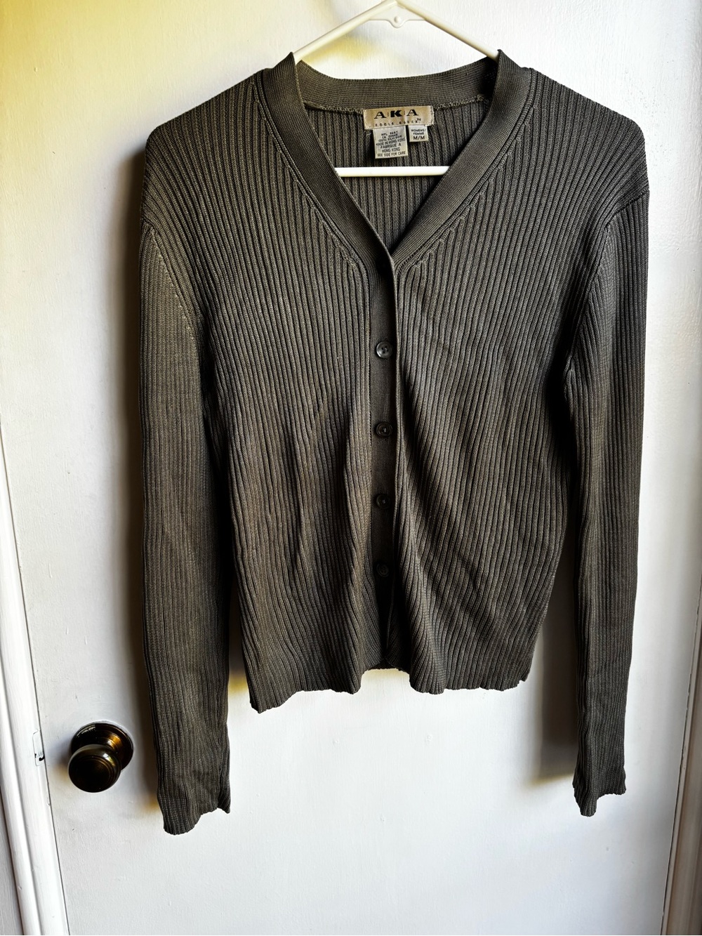 Eddie Bauer %100 Silk Olive Ribbed Button-Front Cardigan